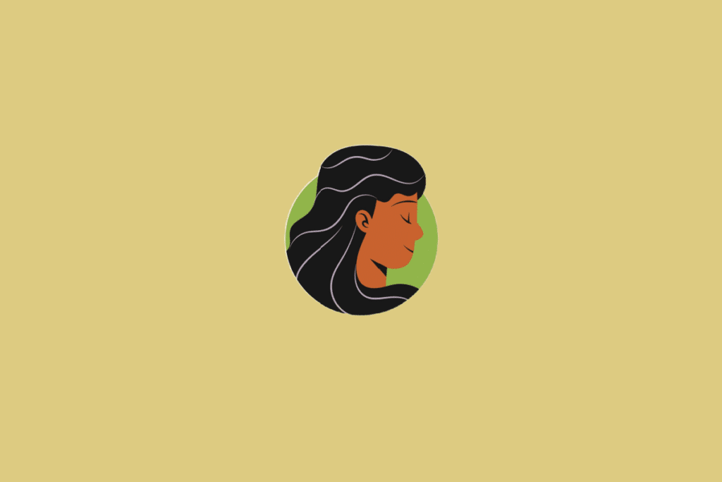 Ilustração estilizada do perfil de uma mulher com pele morena e longos cabelos pretos ondulados, inserida em um círculo verde sobre um fundo amarelo-claro.