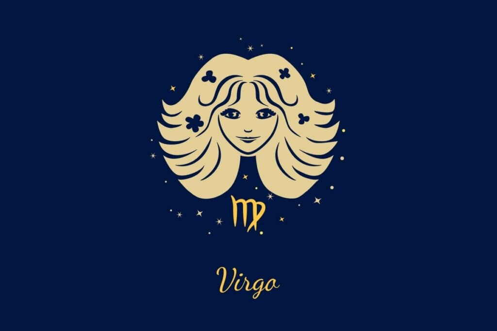 Um fundo azul-marinho escuro com ilustração do rosto de uma mulher jovem com cabelos longos e volumosos adornados por pequenas flores. Abaixo, o glifo de Virgem (letra 'm' com um laço). Abaixo, o texto "Virgo".