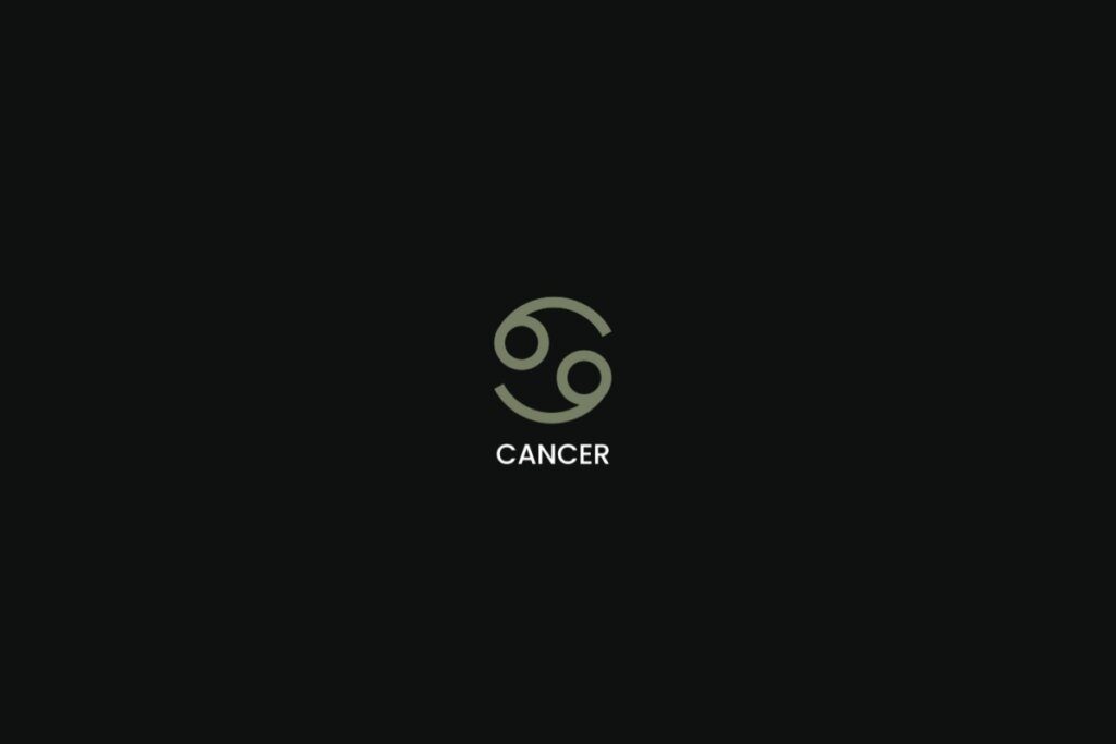Símbolo do signo de câncer na cor verde, com o nome do signo embaixo, centralizado em um fundo preto