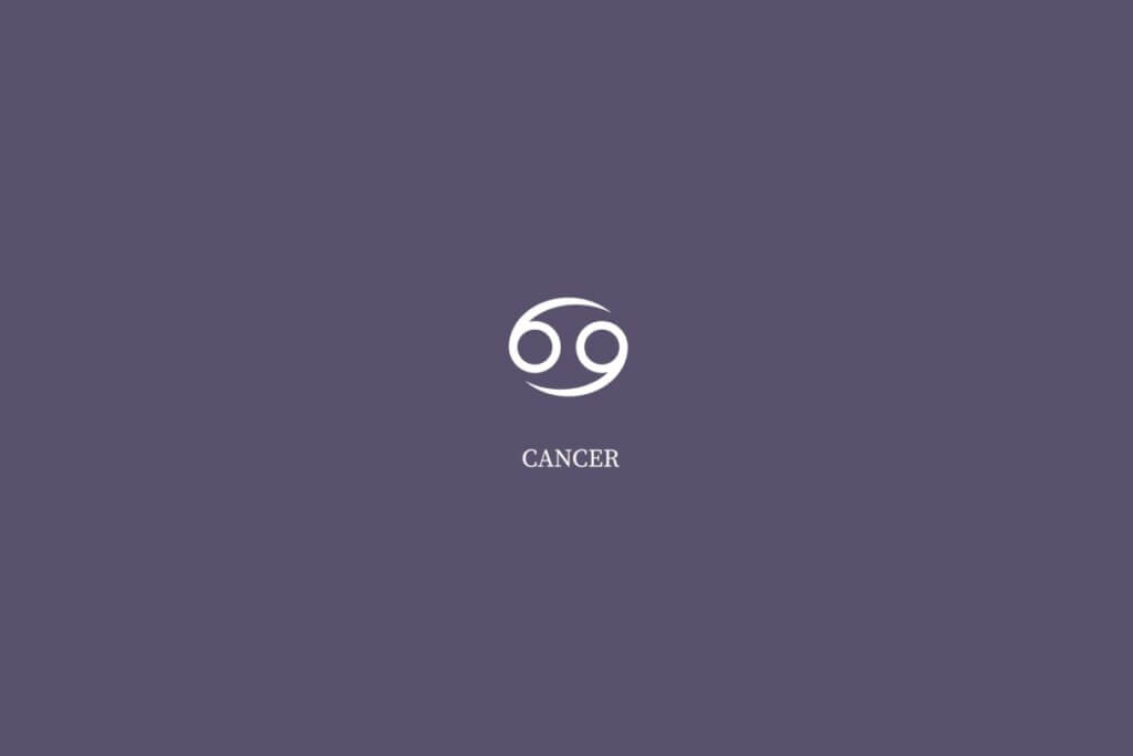 Ilustração do signo de câncer, na cor branca e com o nome embaixo, centralizado em um fundo roxo