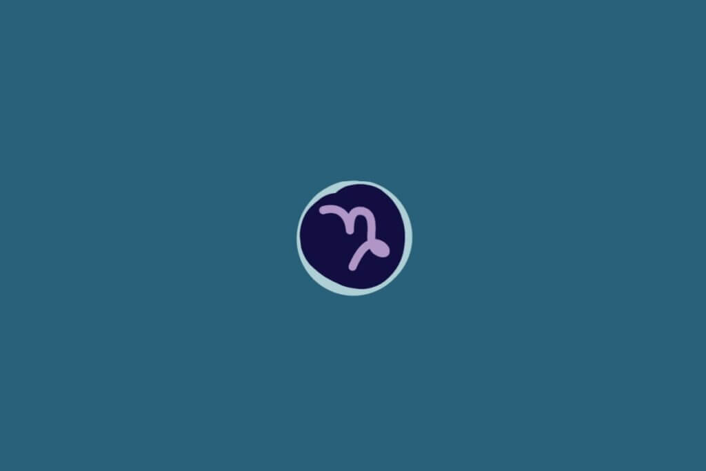 Ilustração do signo de Capricórnio, na cor roxa, em um círculo azul-escuro com borda azul-claro, sobre um fundo verde