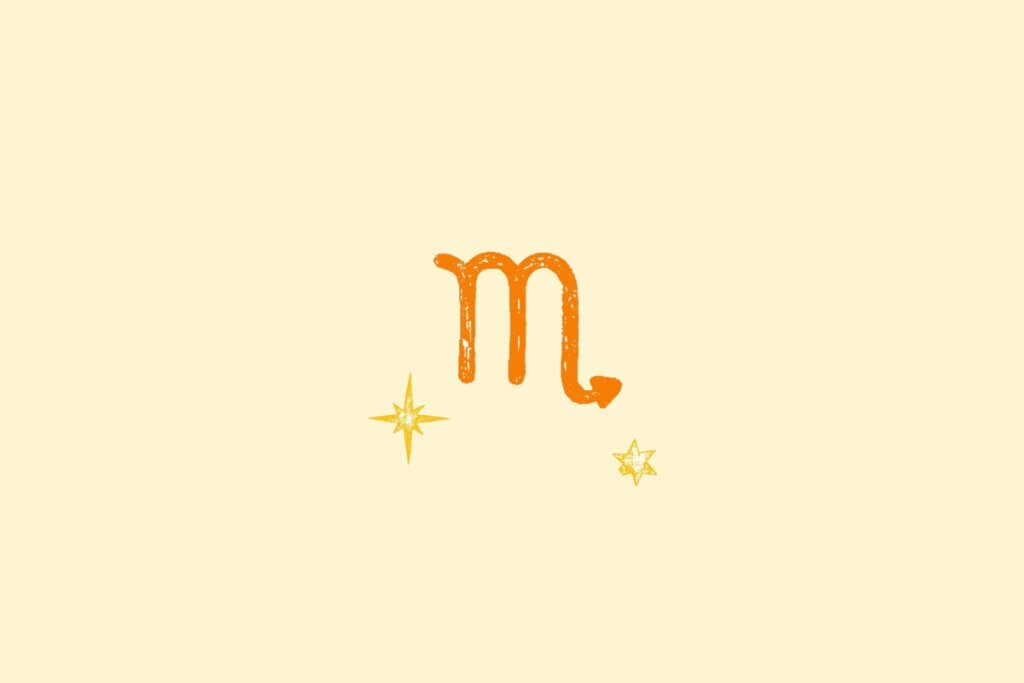 Ilustração do signo de escorpião na cor laranja, centralizado em um fundo amarelo, e rodeado por estrelas