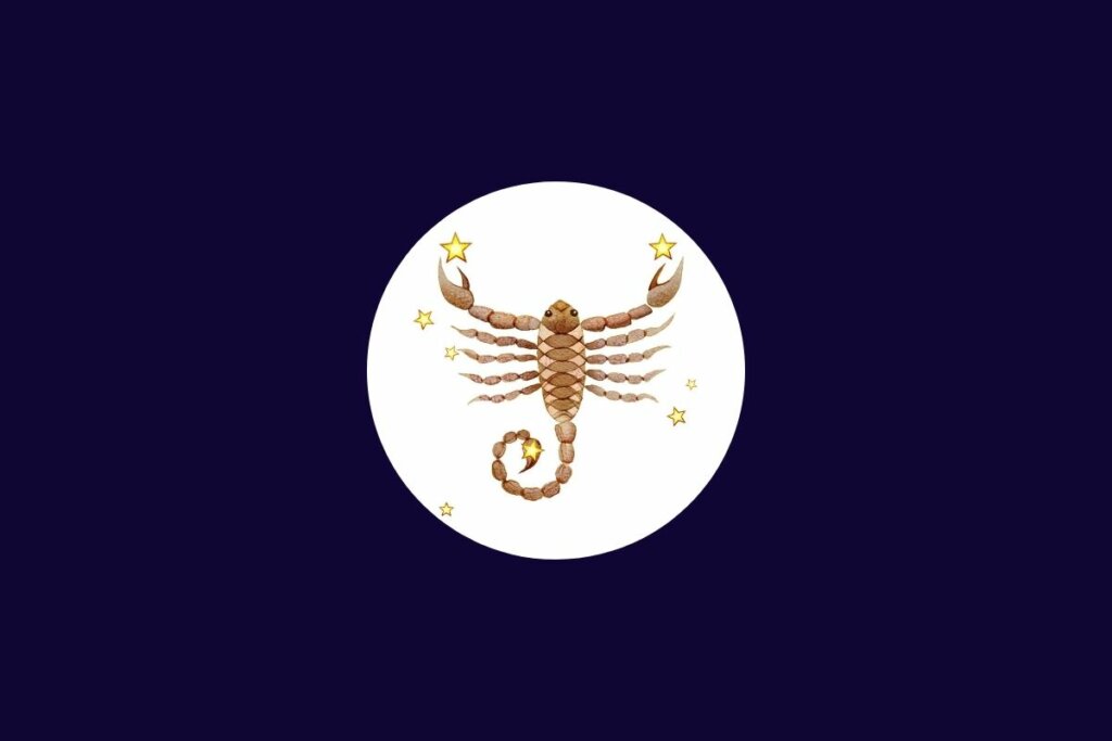 Ilustração do signo de escorpião em tons de bege em um círculo branco sobre um fundo azul-escuro