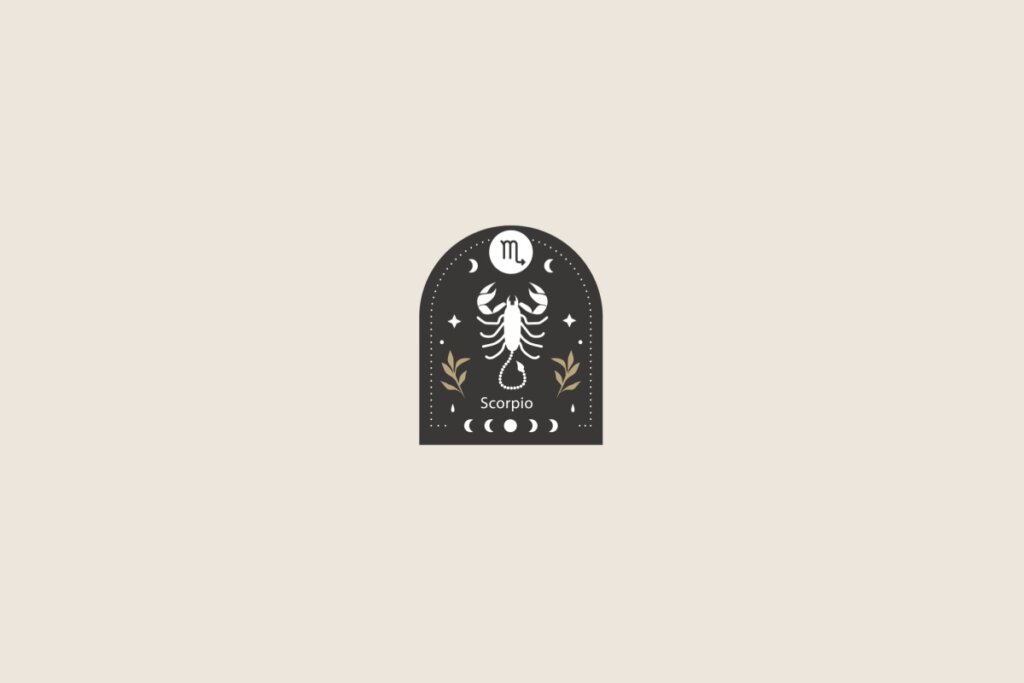 Símbolo estilizado do signo de escorpião sobre um formato de arco preto. O fundo geral é bege-claro