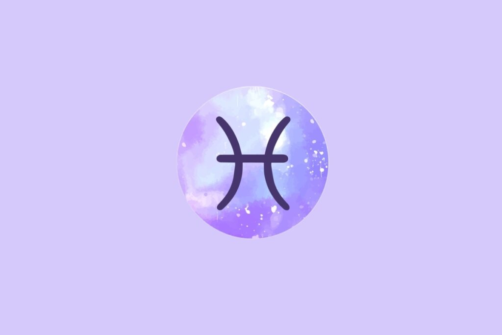 Imagem do signo de Peixes, com um símbolo formado por duas curvas opostas conectadas por uma linha reta no centro, sobre um fundo em tons suaves de roxo e azul