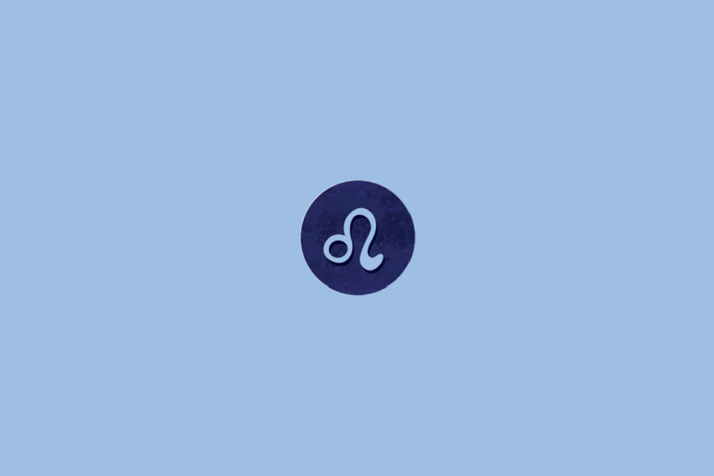 Círculo azul-escuro centralizado em fundo azul-claro. Dentro, o símbolo do signo de leão e manchas escuras ao redor