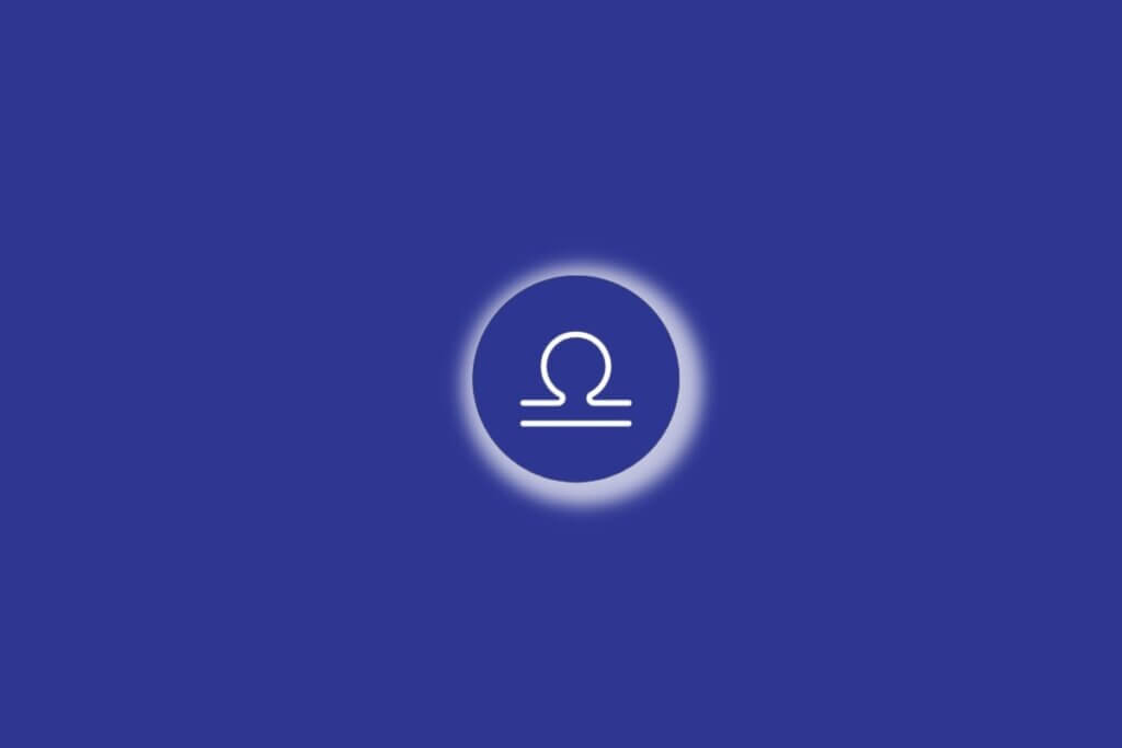 Ilustração do signo de Libra em um círculo azul, com luz branca ao redor, sobre um fundo azul