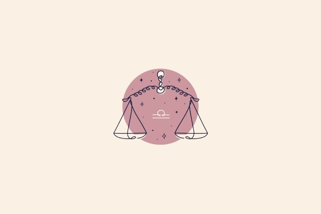 Desenho de uma balança dentro de um círculo rosa. Fundo bege e símbolo do signo de libra acima