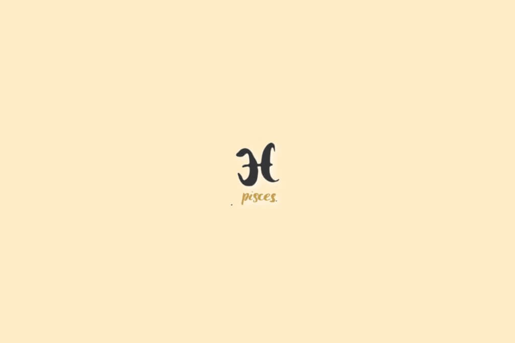Ilustração do signo de peixes, centralizado em um fundo bege-claro, com o nome do signo embaixo