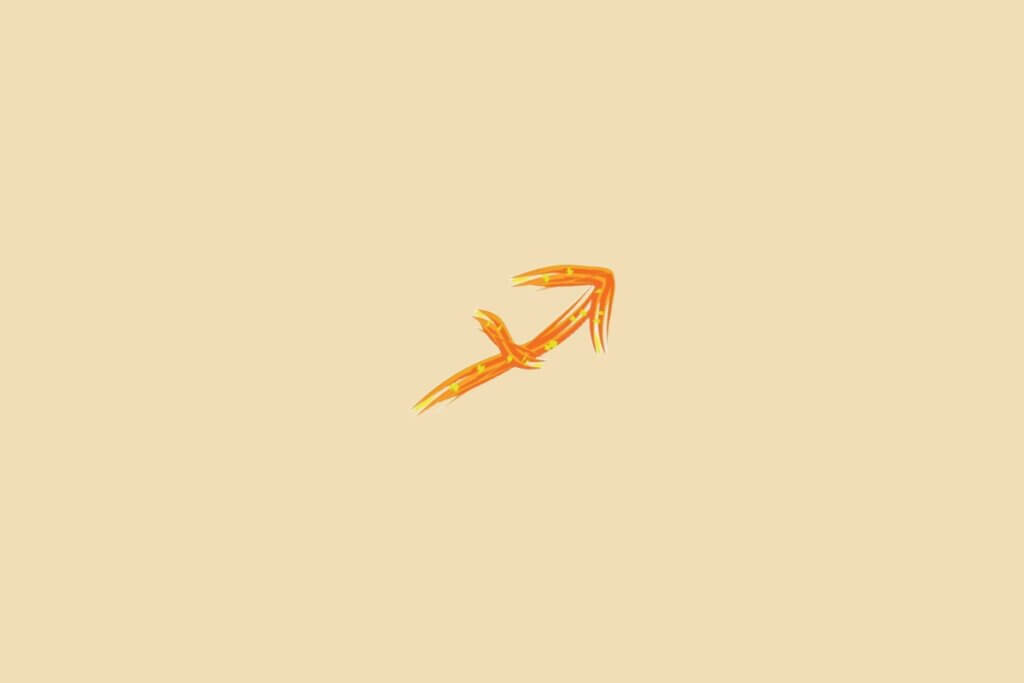 Ilustração do signo de sagitário, na cor laranja-escuro, centralizado em um fundo laranja-claro
