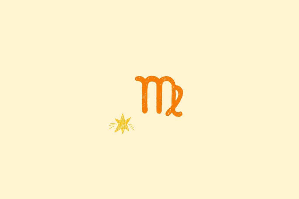 Ilustração do signo de virgem na cor laranja, centralizado em um fundo amarelo, e rodeado por estrelas