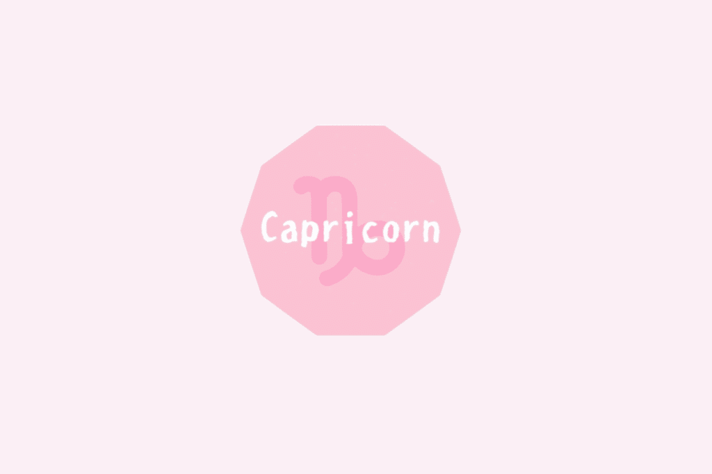 Símbolo do signo de Capricórnio, semelhante às letras "V" e "S" entrelaçadas, representando a cabra e o peixe, em rosa sobre um octógono rosa-claro, com o nome "Capricorn" escrito ao centro
