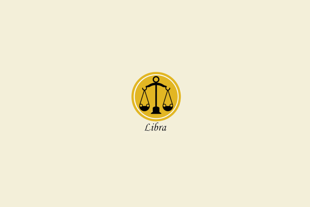 Ilustração de uma balança, dentro de um círculo amarelo-escuro, representando o signo de libra, em fundo amarelo-claro